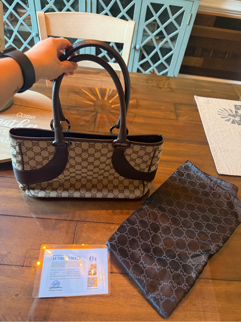 Gucci Beige Monogram Canvas Tote with Dark Brown Leather Trim